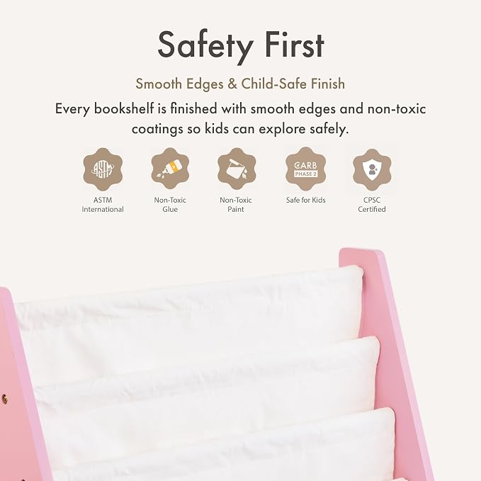 Humble Crew Kids Bookshelf, Montessori Front Facing Toddler Bookcase 4 Tier | Book display rack and reading nook organizer, nylon pockets show covers face out, compact for any playroom or bedroom space