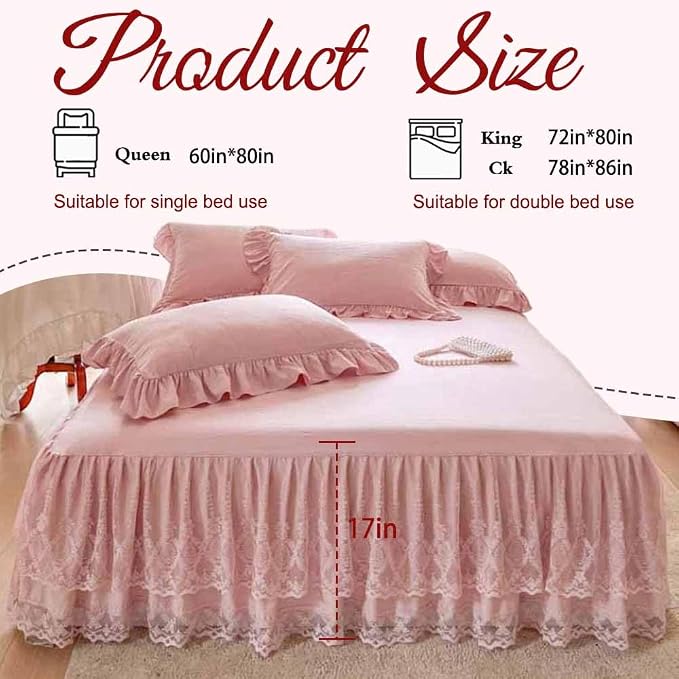 Lace Bed Skirt & Bedsheet King Size - 17 in. Drop, Easy Fit Ruffled Bedskirt Wrap Around Bedcover, Anti Wrinkle & Fade