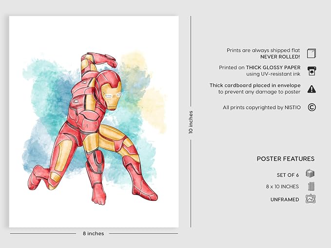 Nistio® Superhero Wall Decor, Superhero Wall Art for Boys Bedroom, Avengers Prints, Set of 6 Prints, Iron Man, Captain America, Hulk, Superman, Unframed, 8x10 inches