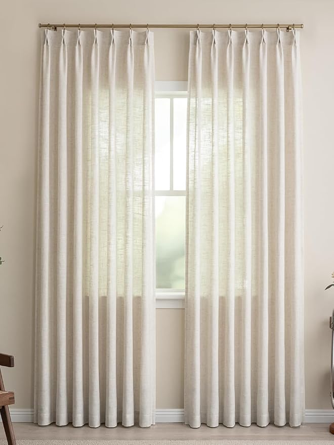 Liz Sheer Pinch Pleated Linen Curtains 90 Inches Long - Light Filtering Pleat Curtains for Living Room,Window Curtains for Bedroom, Luxury Pinch Pleated Drapes with Hooks, Natural, 2 Panels Set