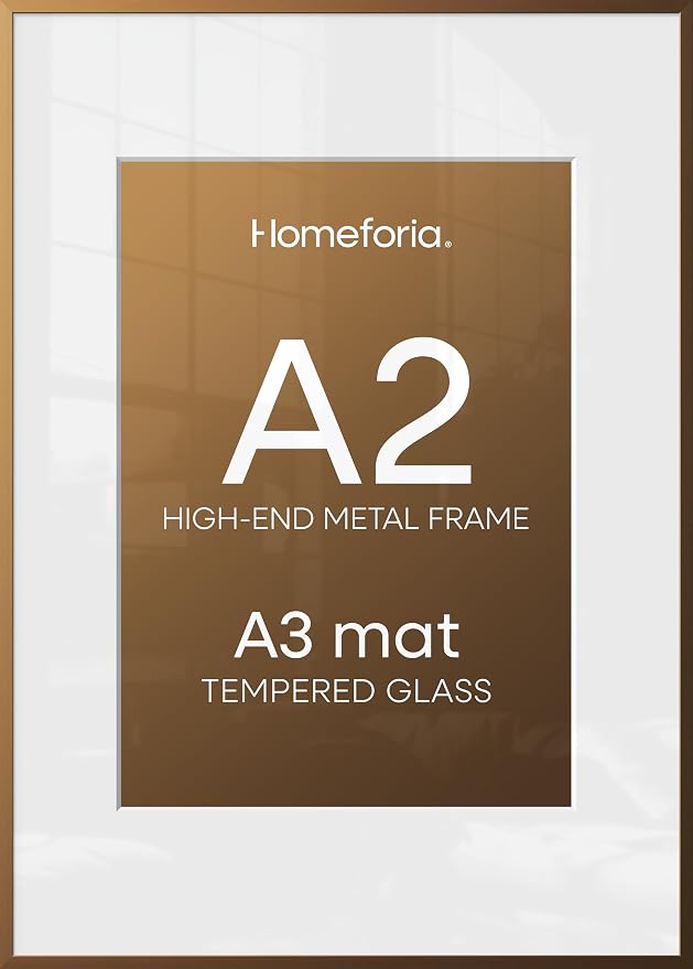 Homeforia A2 Bronze Picture Frame, High-End Metal, A3 Mat, Glass