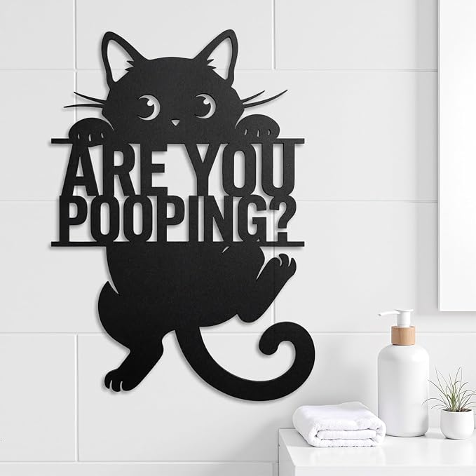 Black Cat “Are You Pooping” Bathroom Signs Wall Art,15x11 Inch Funny Metal Cat Restroom Sign Animal Bathroom Wall Art for Toilet, Cat Lover Gifts for Women Home Decor