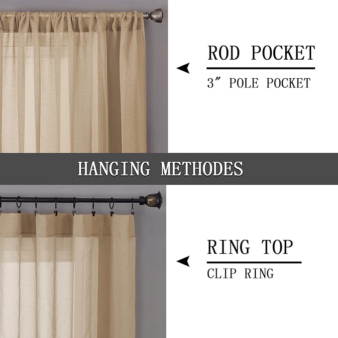 Tollpiz Sheer Tier Curtain Linen Textured Half Kitchen Curtains Sheer Light Filtering Rod Pocket Voile Small Curtains for Bathroom, 25 x 36 inches Long, Beige, Set of 2 Panels