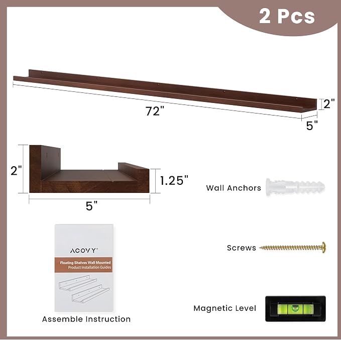 Acovy Long Floating Shelves for Wall, 72 inch Solid Wood Picture Ledge Shelf, Picture Shelf for Wall with Ledge, Floating Book Shelves for Living Room Bedroom Kitchen Nursery Decor, Walnut, Set of 2