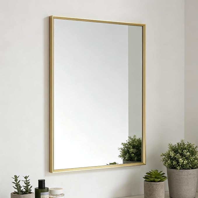 Bathroom Mirror for Wall, 24x16 Inch Framed Vanity Mirror Brushed Gold | Rectanglar Metal Beveled Framed Mirror for Over Sink, Tempered Glass, Anti-Rust, Hangs Horizontally or Vertically