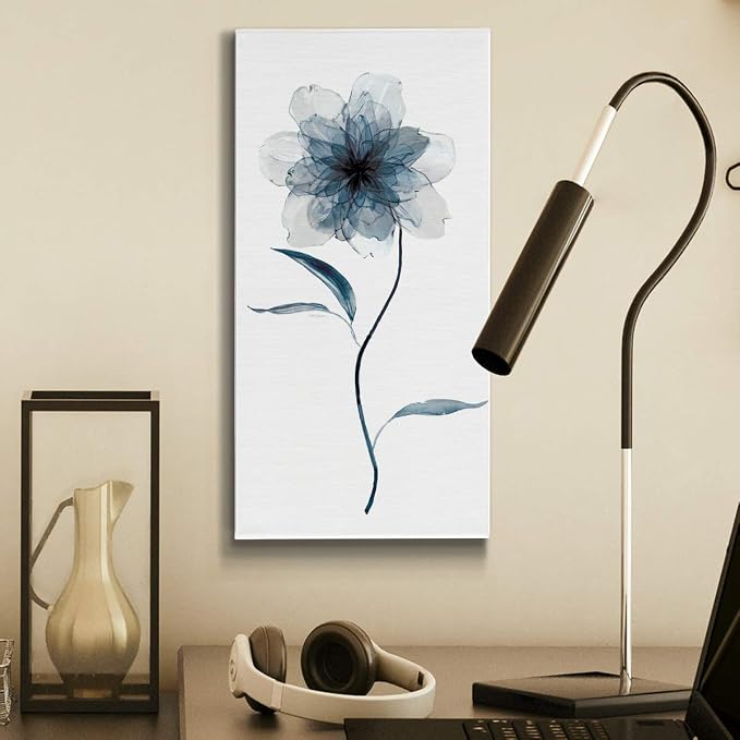 Renditions Gallery Canvas Floral Wall Art Paintings & Prints Delicate Indigo Flower Modern Nature Wall Hanging Canvas Artwork Decorations for Bedroom Office Kitchen - 8"x16" LT43