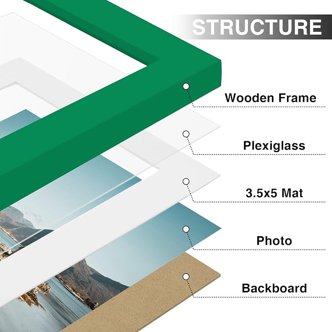 Vittanly 4x6 Picture Frames Set of 9 for Wall or Tabletop Display, Green | Display Pictures 3.5x5 with Mat or 4x6 without Mat, Small Photo Frames, Engineered Wood with Shatter Resistant Plexiglass