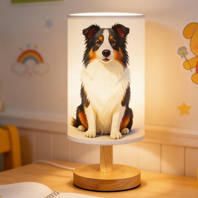 Dog Lamp, Animal Lamp 3 Colors Nightstand Light Lamp, Round Wood Base Flaxen Fabric Desk Lampfor Kids Room, Dog Night Light Gift for Kids (LED Bulb Included) (Dog)