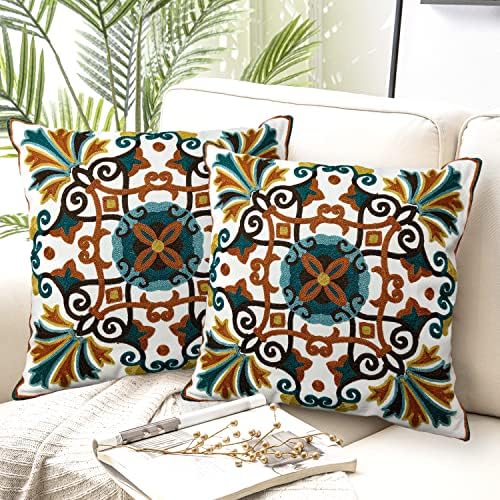 Alysheer Boho Embroidered Throw Pillow Cover 18"x18" Set of 2, Burnt Orange
