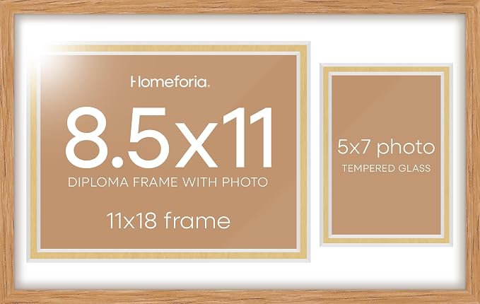 Homeforia 11x18 Natural Oak Diploma Frame, High-End Wood, 8.5x11 & 5x7 Mat