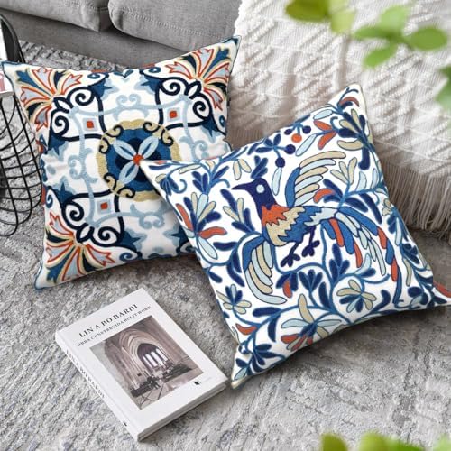 Alysheer Boho Embroidered Throw Pillow Cover 18x18 Set of 2, Orange Floral