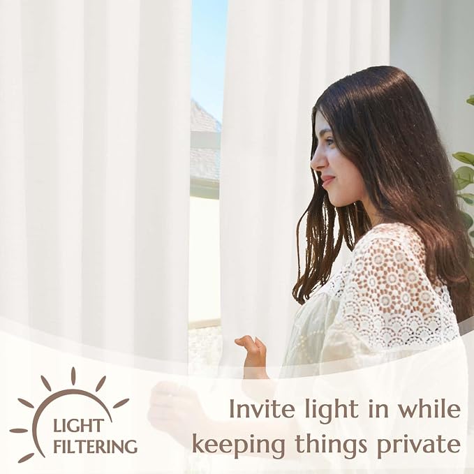 jinchan Lined Linen Curtains Privacy Back Tab 50x72 Inch 2 Panels Set White | Light Filtering Curtains with White Privacy Liner, Cottage Core Farmhouse Curtains for Living Room, Rod Pocket 72 Inch Length