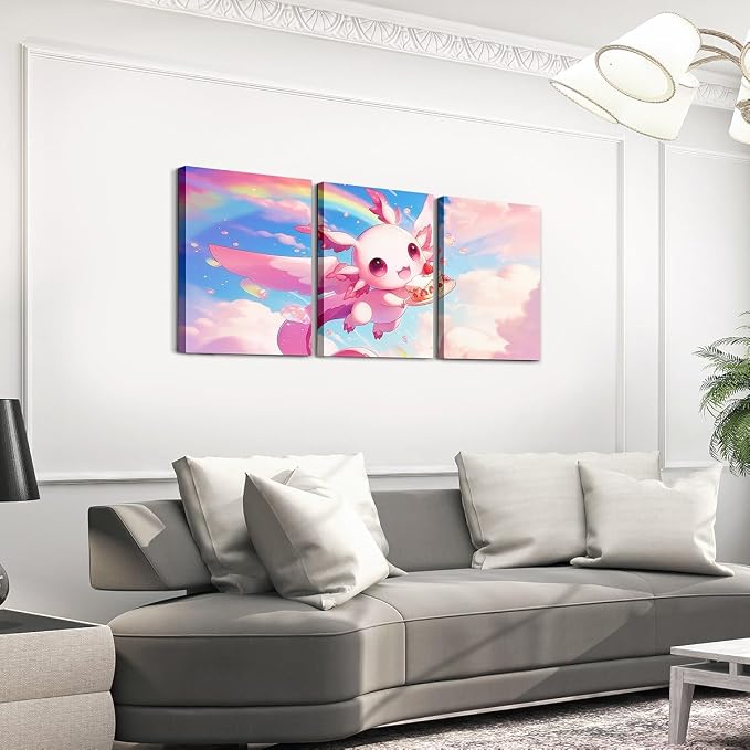 Feelyou Kids Cute Axolotl Wall Painting Posters Galaxy Cloud Picture Wall Decor Boys Girls Cartoon Animal Canvas Wall Art Living Room Bedroom Dreamy Rainbow Teens Bathroom Wall Art 12"x16"x 3Pcs
