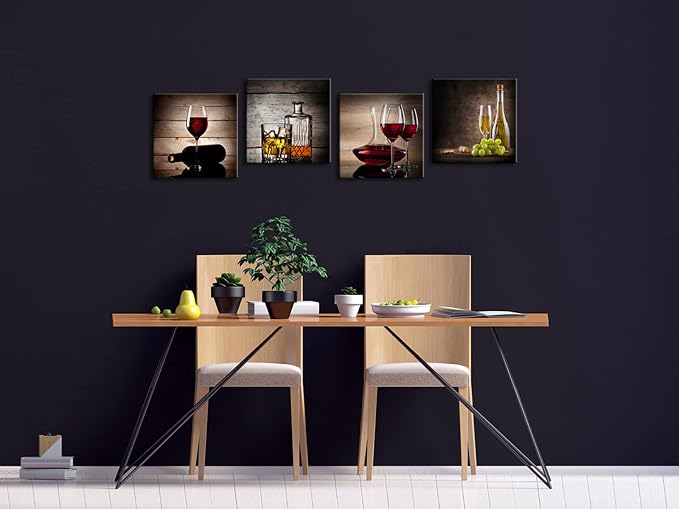 Wieco Art Red Wine Cups Modern Kitchen Wall Art Dinning Room Wall Decor 4 Panels Abstract Canvas Prints Artwork Contemporary Vintage Pictures Paintings on Canvas Wall Art for Kitchen Home