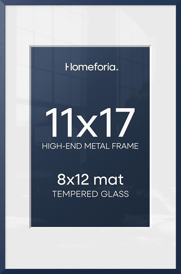 Homeforia 11x17 Blue Picture Frame, High-End Metal, 8x12 Mat, Glass
