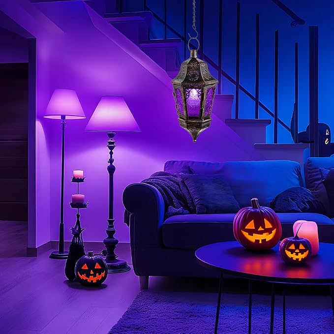NEEDOMO Halloween Decorative Indoor Hanging Moroccan Lantern, 13.5'' Vintage Metal Candle Holder with 14.8" Chain, Ramadan Lanterns Decorative Indoor Outdoor for Home, Table, Patio, Porch (Purple)