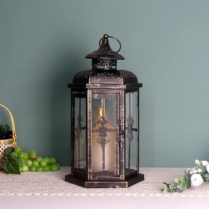 JHY DESIGN Medium Decorative Lanterns 12“H Outdoor Candle Lanterns Vintage Metal Candle Holder for Indoor Outdoor, Events, Parities and Weddings(Black with Gold Brush)