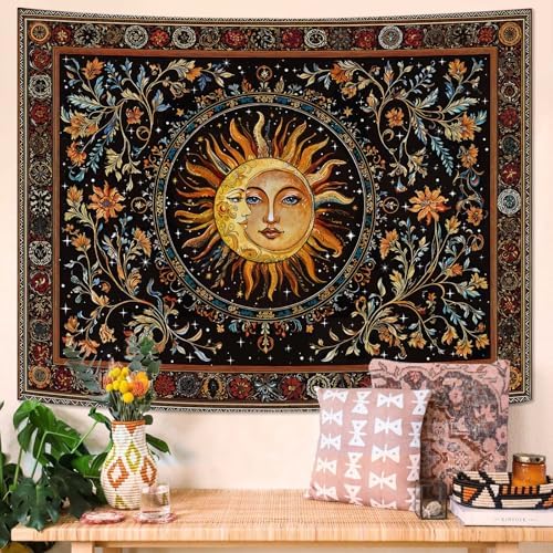 Accnicc Vintage Sun and Moon Tapestry Hippie Indie Boho Floral Wall Tapestry for Bedroom Aesthetic Stained Glass Celestial Plant Small Tapestries Wall Hanging for Living Room Dorm 48 x 36 Inch