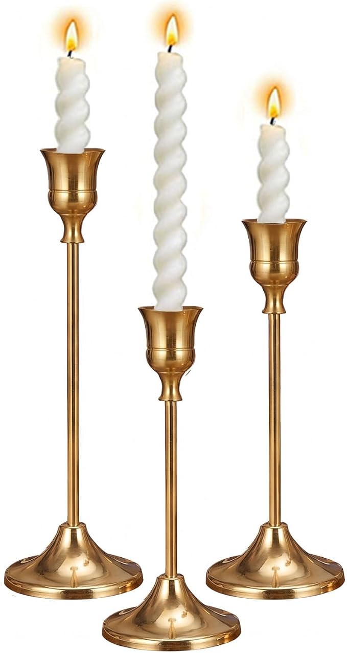 1 Sets Candle Holder Brass Gold Candlestick Holders -Vintage Modern Metal Taper Candle Holders, Decorative Centerpiece for Table Mantel, Wedding Kitchen Home Decor, Wedding Gift,3Pcs