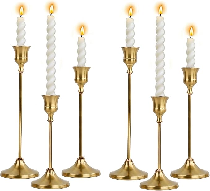 2 Sets Candle Holder Brass Metal Candlestick Holders -Vintage Modern Metal Taper Candle Holders, Decorative Centerpiece for Table Mantel, Wedding Kitchen Home Decor, Wedding Gift,6Pcs