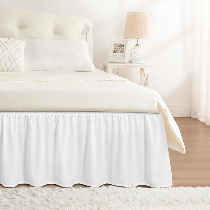 Bright White Bed Skirt Twin Size 15" Drop, Elastic Wrap Around Bedskirt | Solid Ruffled, Easy to Use, No Mattress Lifting, Wrinkle & Fade Resistant, with Adhesive Strips, Machine Wash/Dry/Iron