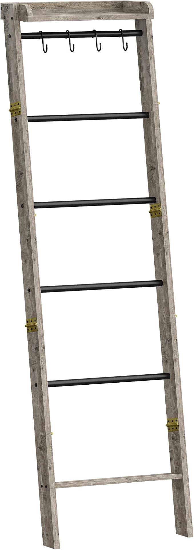Hzuaneri Blanket Ladder Shelf, Farmhouse Ladder Holder, Blanket Organizer | 7-Tier Decorative Quilt Rack with 4 Removable Hooks 7.9" D x 17.3" W x 66.9" H, Greige BR36805B