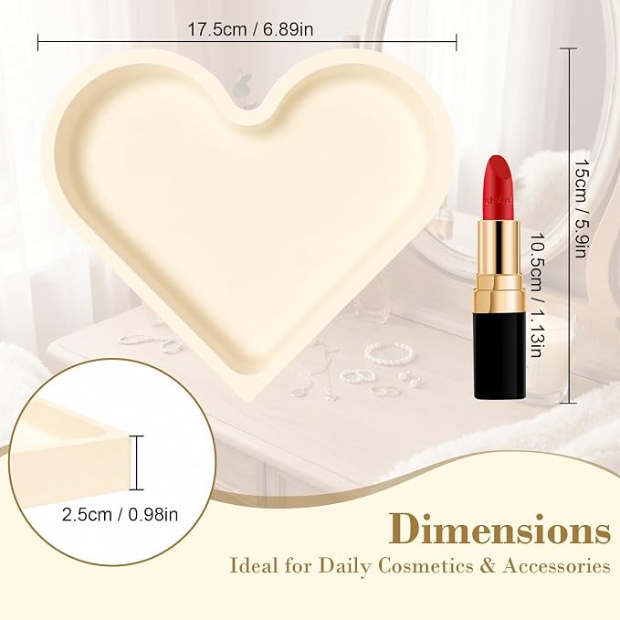 2 Pack Heart Shape Silicone Jewelry Tray, Soft Shatterproof Ring Dish, Small Trinket Tray for Necklace Earrings Keys, Cute Vanity Organizer, Home Decor Gift for Mom Sister Daughter Girlfriend, Beige