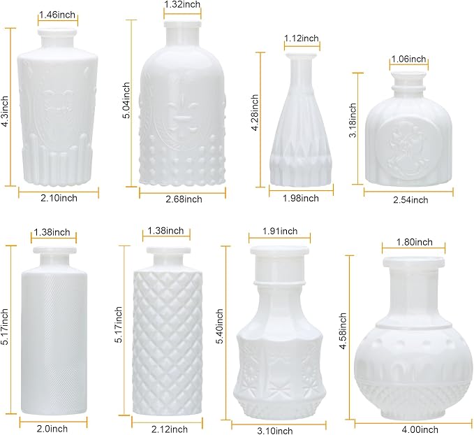 White Flower Vase Set, Glass Bud Vase in Bulk Set of 8 | Artistic and Cultural Flavor Mini Vases for Home Office Decor, Bedroom, Office, Living Room Decorations,Wedding
