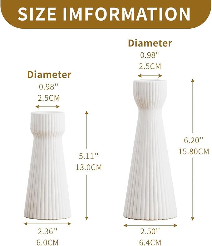 Taper Candle Holders Set of 2, White Ceramic Candlestick Holder Decor