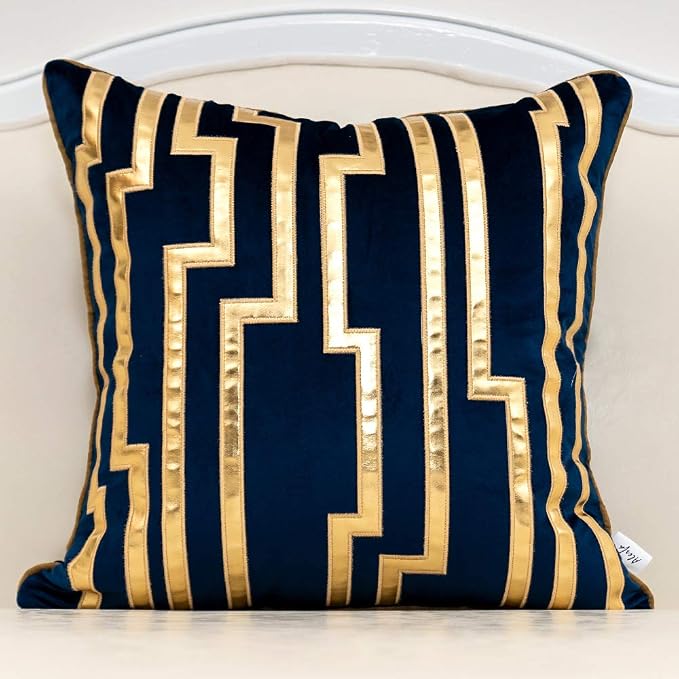 Alerfa Gold Leather Striped Navy Blue Throw Pillow Cover 18x18 Inch, Geometric Luxury Decorative Embroidered Velvet Pillow Cover for Couch Living Room Bedroom
