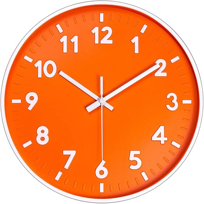 JENLYSTIME 12 Inch 3D Number Modern Indoor/Outdoor Wall Clock,Round Bright Colorful Dial,Non Ticking Silent Quartz Battery Operated, Easy to Read Simple Style Decor Clock for Bedroom,Kitchen(Orange)