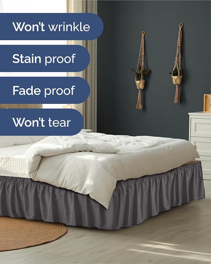 Wrap Around Dust Ruffle Bed Skirt - Charcoal - for Queen Size Beds w/ 9 Inch Drop - Easy Fit Elastic Strap - Adjustable Pleated Bedskirt with Brushed Fabric - Wrinkle-Free - Women, Men, Kids & Teens