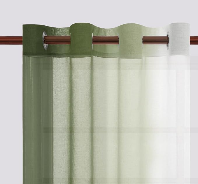 DWCN Ombre Sheer Curtains - Extra Long Faux Linen Semi Voile Grommet Top Gradient Curtains for Bedroom and Living Room, Set of 2 Window Curtain Panels, 52 x 96 Inch Length, Light Olive Green
