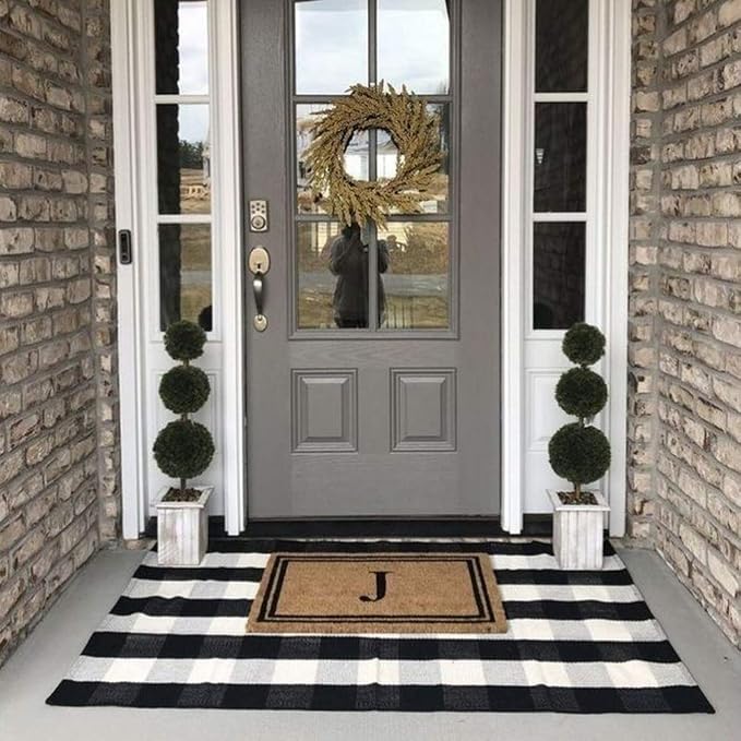 Buffalo Plaid Outdoor Rug, 3'x5' Black and White Check Indoor/Outdoor Area Rugs, Layering Rug for Hello/Welcome Door Mat, Washable Cotton Woven Farmhouse Mat for Christmas Front Porch Décor
