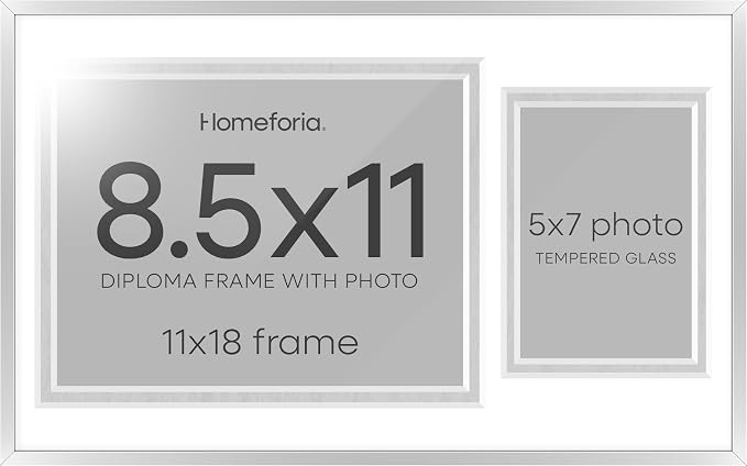 Homeforia 11x18 Silver Diploma Frame, High-End Metal, 8.5x11 & 5x7 Mat