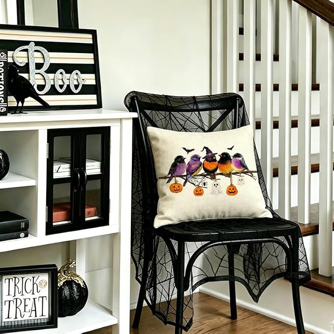 RABUSOFA Halloween Pillow Covers 20x20 Inch Halloween Decorations Outdoor | Watercolor Birds,Waterproof,Spooky Ghost Pumpkin Bat Halloween Decor,Supplies Accessories for Home Couch Party Patio