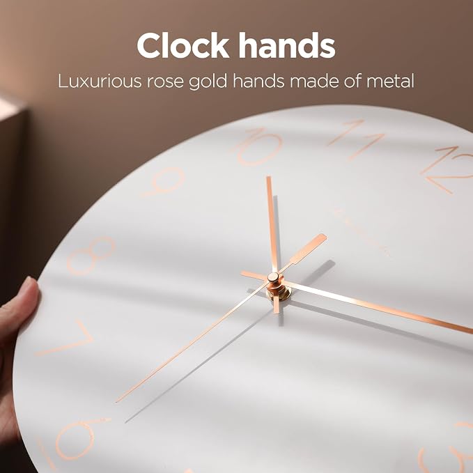 mooas Flatwood Wall Clock (Rose Gold),12" Non-Ticking Sweep Movement | Decorative Battery Operated Wall Clock for Home Living Room Kitchen Bedroom Office School