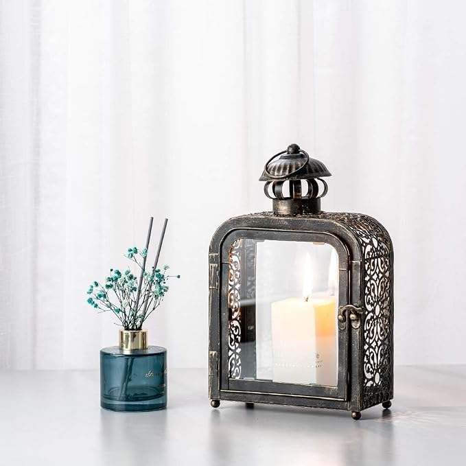 Candle Lantern Decorative Indoor & Outdoor, Vintage Metal Lanterns with Clear Glass, Tabletop&Hanging Candle Holders for Patio Front Porch Home Decor, Christmas Decorations (Bronze)
