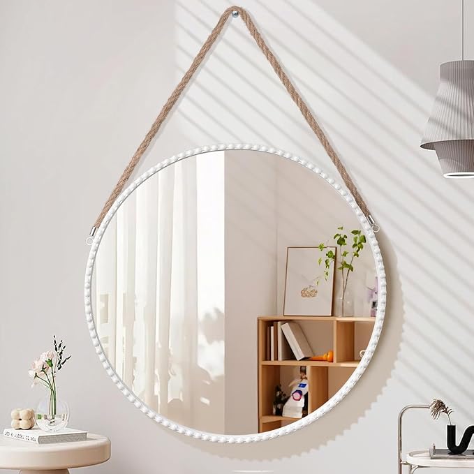 Hanging Circle Mirror Modern Metal Framed Round Mirrors Wall Decorative Rope Hanging Mirrors with Bead for Living Room Entryway Bathroom Bedroom White 18"
