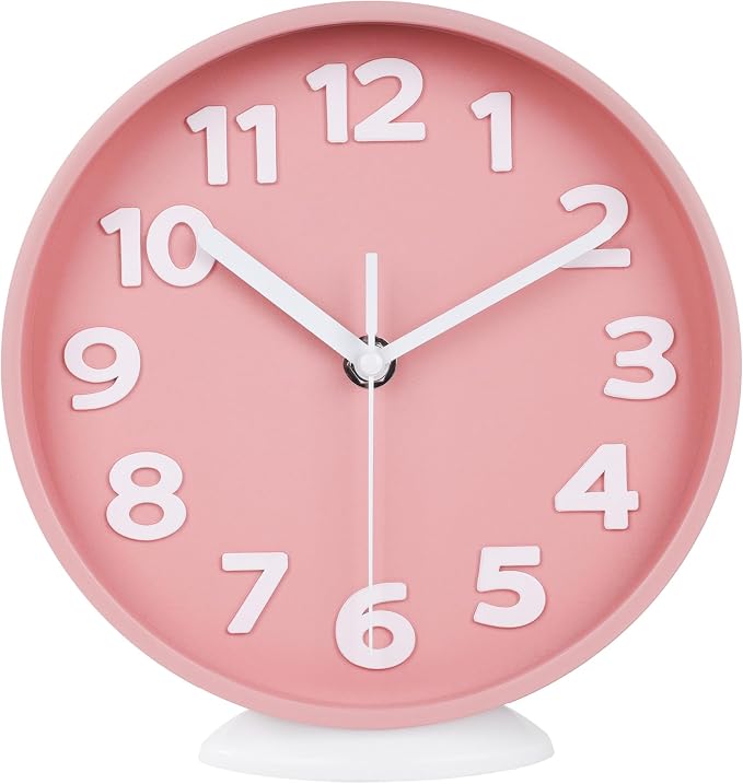 JENLYSTIME 8 Inch Vibrant Pink Modern Wall Clock – Silent Non-Ticking, Bold 3D Numbers, Precise Quartz Movement | Decorative Desk & Wall Clock with Stand for Home, Kitchen, Bedroom, or Office