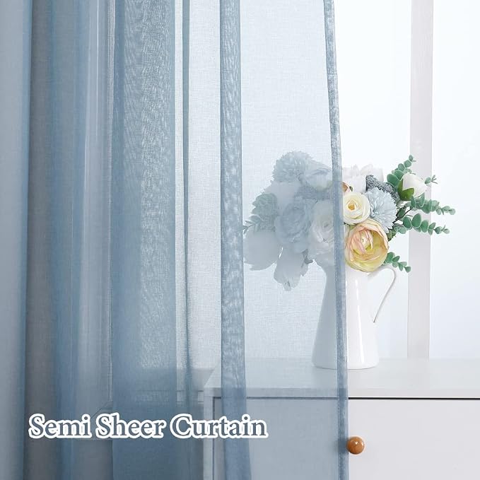 MIULEE Dusty Blue Linen Textured Semi-Sheer Curtains 54W×54L Kitchen | Semi Transparent, Farmhouse, Window Net Panels with Rod Pocket for Bedroom Living Room
