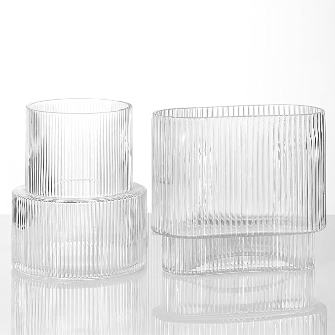 Ribbed Glass Vases, Set of 2 Fluted Vases for Flowers, Clear Vase for Tulips, Modern Glass Vase for Living Room, Dining Table, Office, Entryway, Mantle, Bookshelf, Wedding Gifts