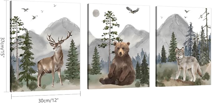 Woodland Nursery Wall Art Decor: Forest Themed Animal Wall Art Prints Canvas Posters Nursery Decor for Boys Girls Room,Wildlife Deer Bear Wolf Pictures for Bedroom Wall Decor,12x15 Inch,Set of 3