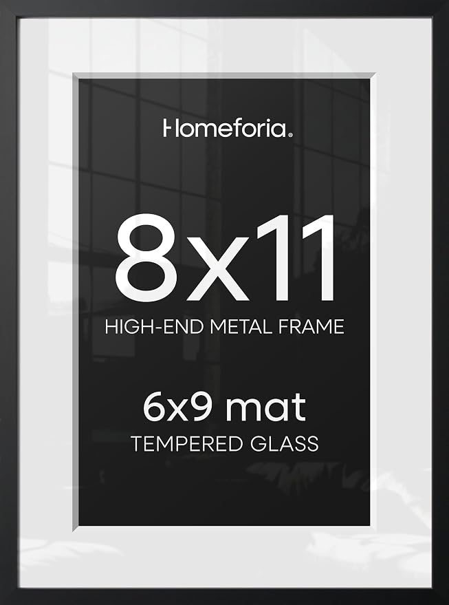 Homeforia 8x11 Black Picture Frame, High-End Metal, 6x9 Mat, Glass