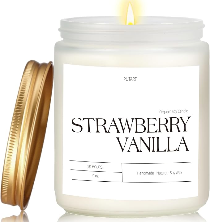 Strawberry Vanilla Highly Scented Candle for Home, 9oz Non Toxic | Natural Soy Wax Aromatherapy Candles with Essential Oil, Home Fragrance Stress Relief & Meditation Jar Candles Gifts