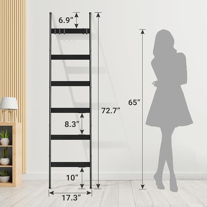 ELYKEN Blanket Ladder, 6-Tier Towel Rack, Wall-Leaning Quilt Holder | Farmhouse Wood Display Stand with 4 Hooks, Decorative Rack Shelf for Living Room, BedRoom, Bathroom, Black