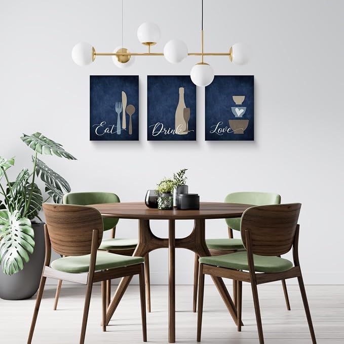 GUBIYU Premium Navy Blue Wall Art Set of 3, Large Dining Room Kitchen Signs - Eat Drink Love Wall Art for Home, Living Room, Bar or Cafe - 16"x24" Each