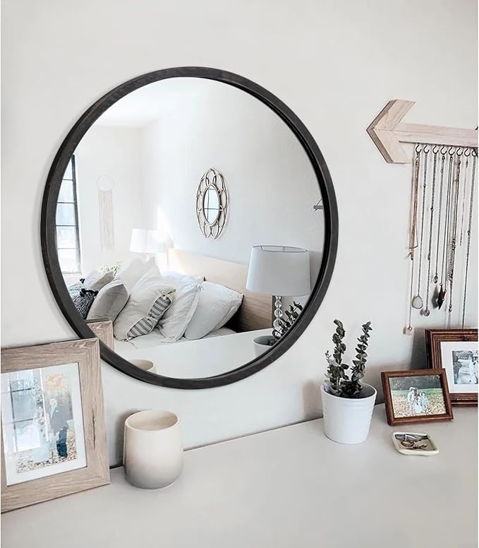 JJUUYOU JJUYOU Black Circle Wall Mirror - Round Wood Framed Mirror for Bathroom, Living Room, Vanity, Bedroom - 16 Inch