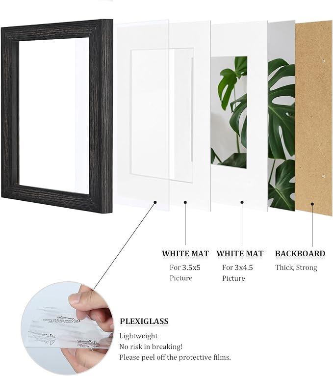 Egofine 4x6 Picture Frames Set of 4, Made of Solid Wood Covered by Plexiglass 3x4.5 and 3.5x5 with Mat or 4x6 without Mat, for Table Top Display and Wall Mounting Photo Frame, Driftwood Black