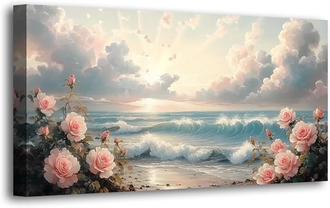 Haichuang Decor Art 40x20 Inch Pink Rose Ocean Canvas Wall Art, Sunset Beach Flower Seascape Print, Framed Ready to Hang for Living Room Bedroom Bathroom, Coastal Floral Wall Decor